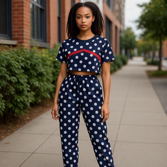 Vintage Et Al Polka Dot Crop Top & High Waist Pants Set Navy/White/Red Size 10 - Picture 1 of 12